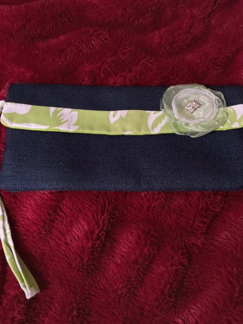 Handmade Kara Mia Sofia Navy Blue & Lime Green Floral Wristlet Clutch
